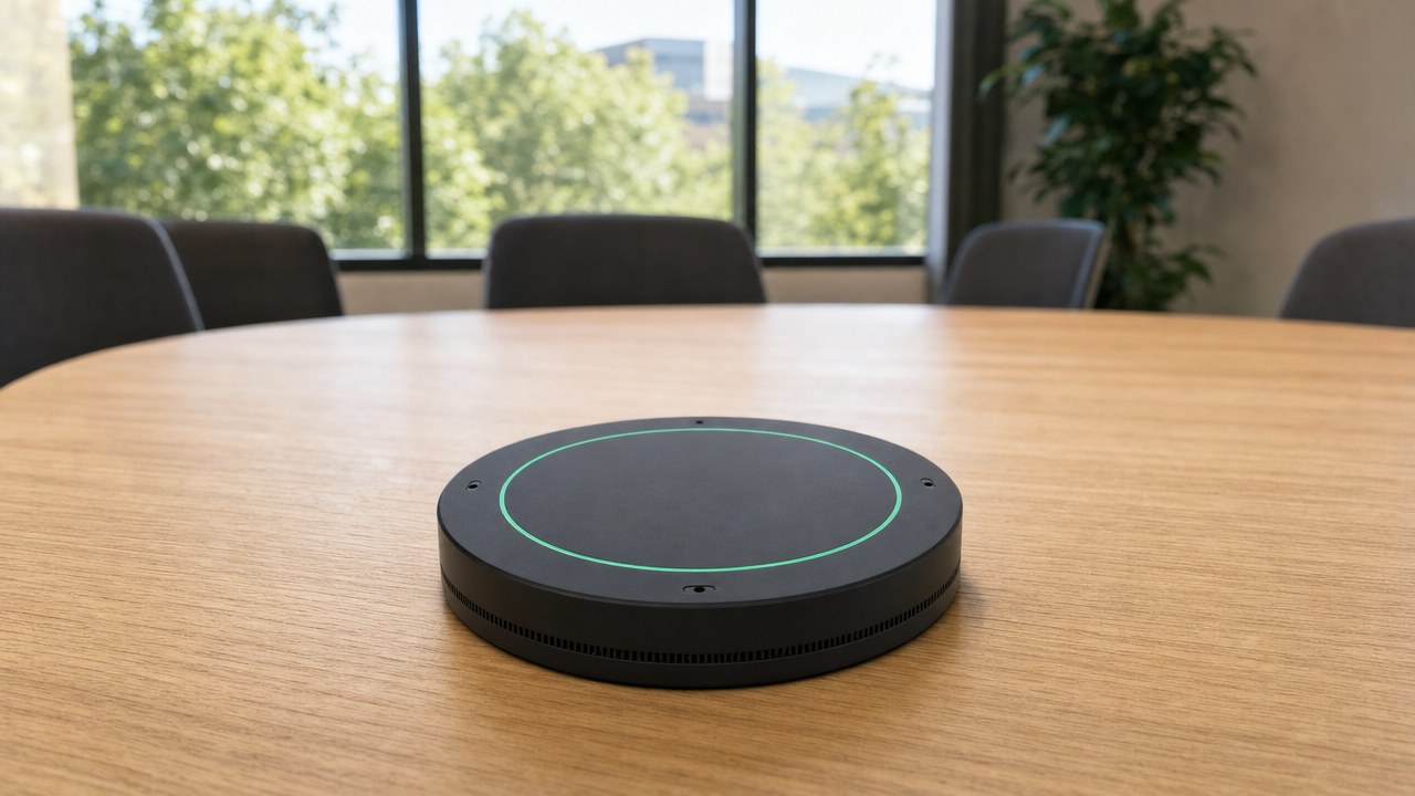 De RPlay Voice Puck, een zwarte schijf met een mintgroene ring, midden op een vergadertafel.